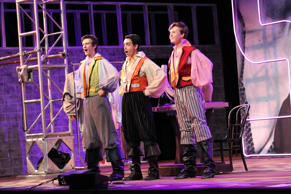 Three community theater dancers performing in the Leawood Stage Company summer musical Kiss Me Kate near Kansas City